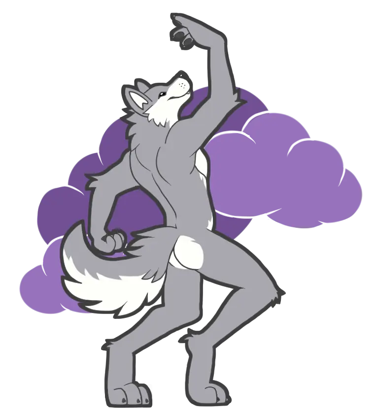 The logo of Purple Clouds is an athropomorphic wolf who is dancing with a few clouds in the background
